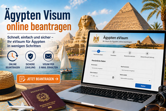 Ägypten-Visum online beantragen auf dem Computer mit Pyramiden und Reisepass