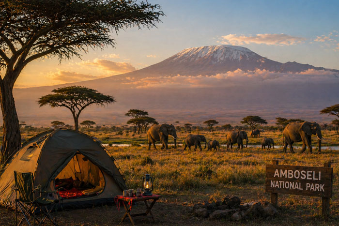 Safari camping in Amboseli Kenya with elephants and Kilimanjaro landscape