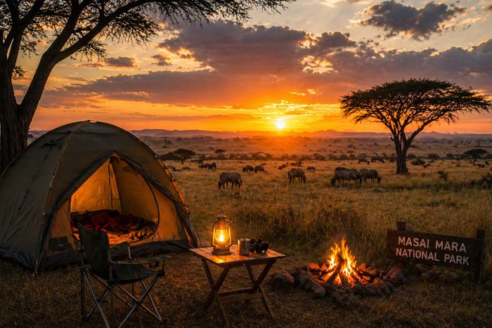 Camping in Masai Mara National Park Kenya with tent and safari landscape at sunset