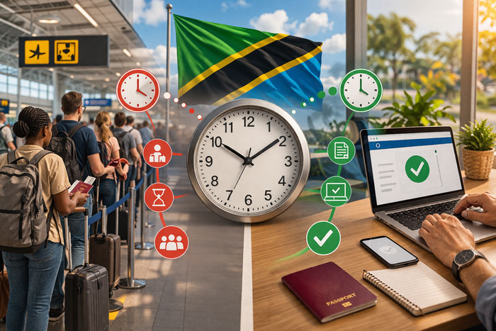 Tanzania visa processing time comparison between airport waiting time and fast eVisa approval with clock and Tanzania flag