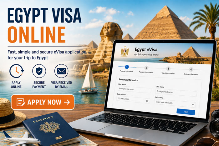 Egypt visa form online on a computer with pyramids and passport