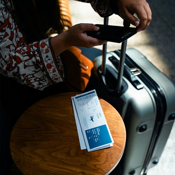 Voyageur préparant ses documents de visa et sa carte d’embarquement avant le départ