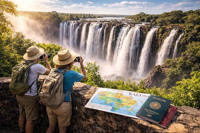 Travelers admiring Victoria Falls with passports and KAZA Visa map, Zambia Zimbabwe border travel experience