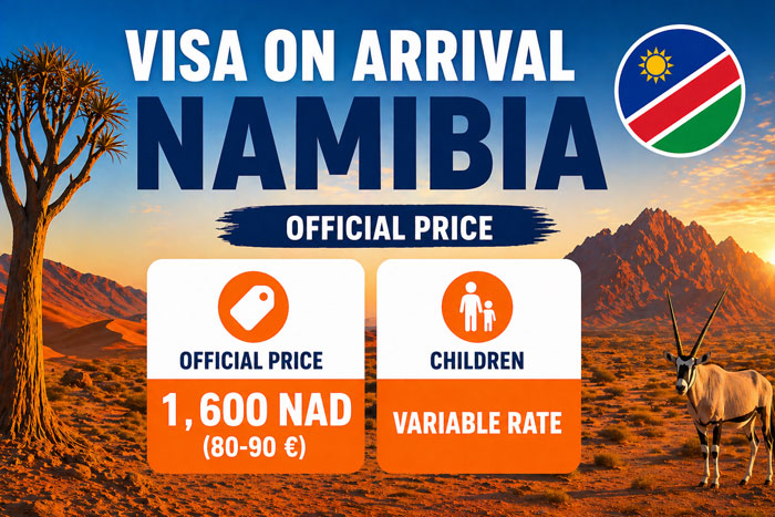 Namibia visa on arrival cost 1600 NAD with variable child rate