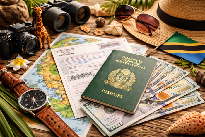 Tanzania visa cost with dollar bills passport and Zanzibar safari accessories