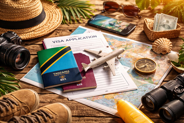Tanzania visa application with passport and travel accessories