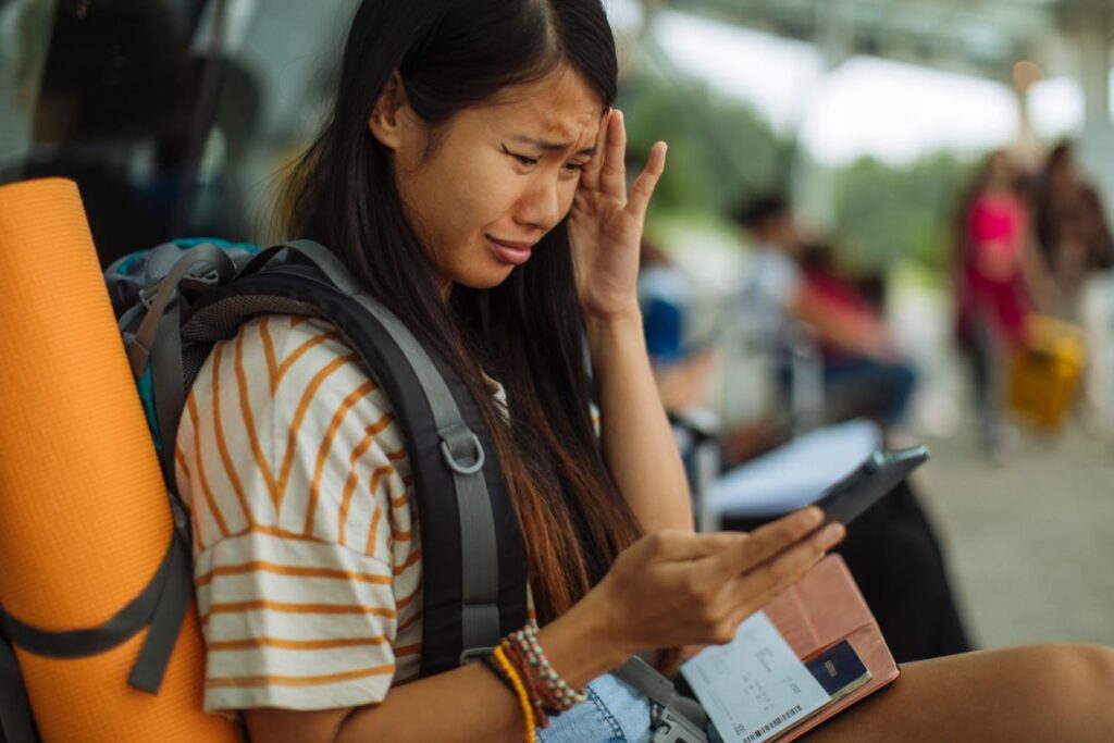 Errori da evitare per Zanzibar: viaggiatrice stressata con documenti di viaggio